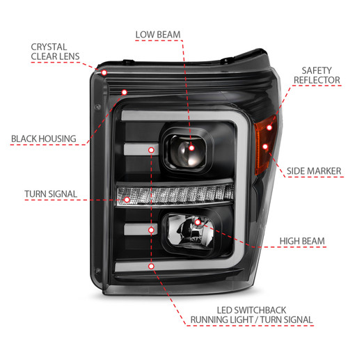 ANZO Projector Headlights w/ Plank Style Switchback Black w/ Amber for Ford F250