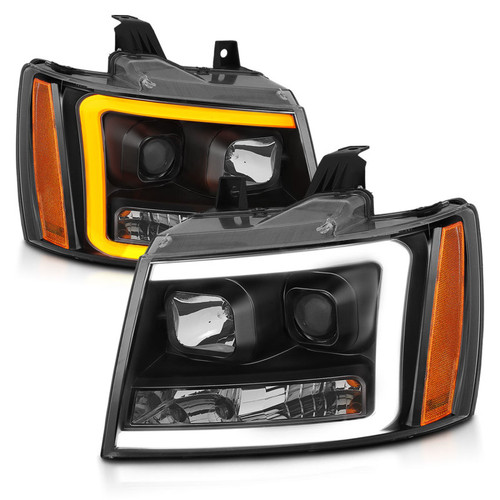 ANZO Projector Headlights w/ Plank Style Design Black w/ Amber for Chevy Tahoe