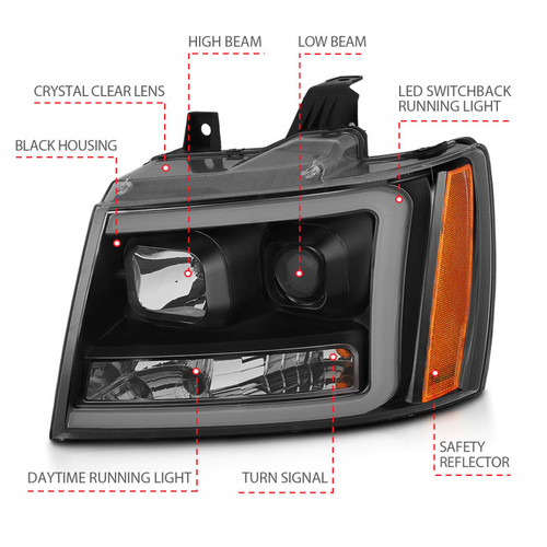ANZO Projector Headlights w/ Plank Style Design Black w/ Amber for Chevy Tahoe