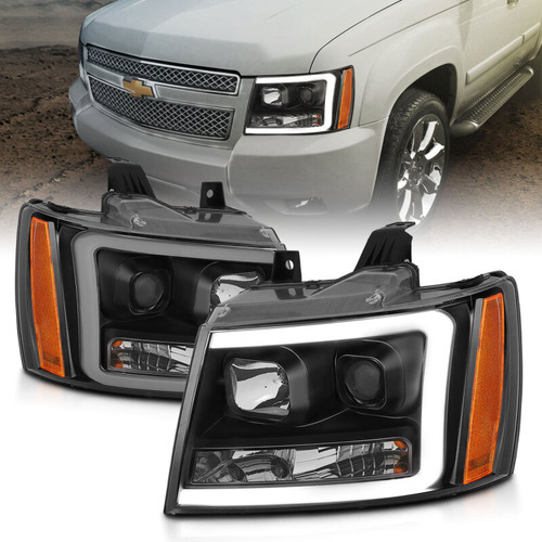 ANZO Projector Headlights w/ Plank Style Design Black w/ Amber for Chevy Tahoe