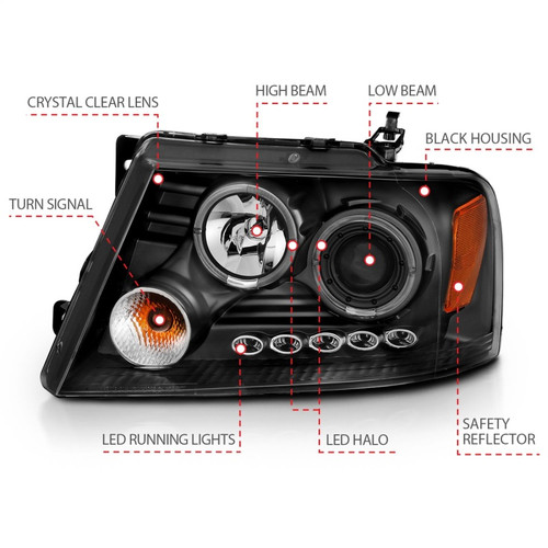 ANZO Projector Headlights w/ Halo and LED Black G2 for Ford F-150 | 111204