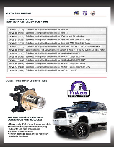 Yukon Gear Spin Free Locking Hub Conversion Kit For Dana 60 & AAM SRW Dodge
