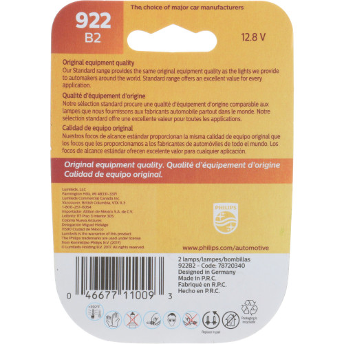 Standard Miniature Bulb 922 (2 Pack) 922B2 - packaging, back view