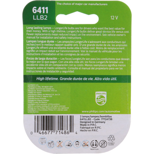 LongerLife Miniature Bulb 6411LL (2 Pack) 6411LLB2 - packaging, back view