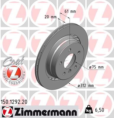 Zimmermann Coat Z Rear Left Disc Brake Rotor - 312 mm 150.1292.20 - diagram