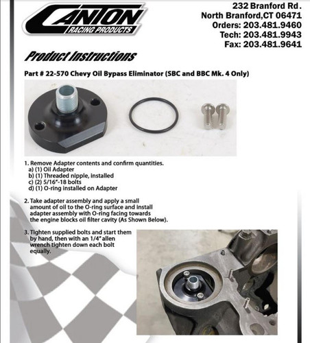 Billet Aluminum Oil Bypass Eliminator for Chevy SBC
