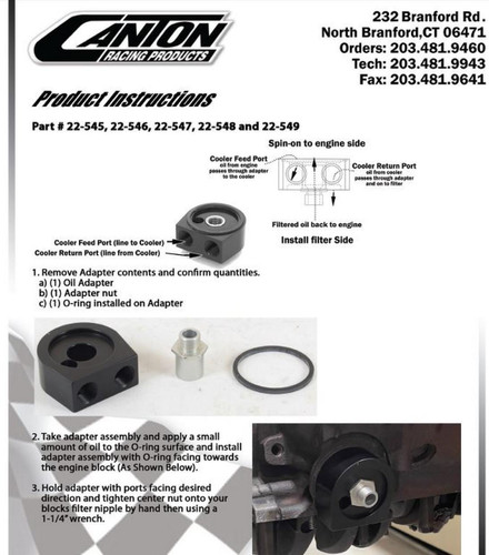 Universal Oil Cooler Adapter Sandwich Style 13/16in-16 2-5/8in