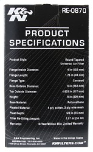 K&N RE-0870 Red Round Tapered Universal Clamp-On Air Filter