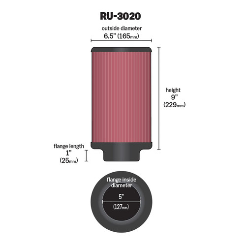 K&N RU-3020 Universal Clamp-On Air Filter - Round Straight, Cotton Gauze, 6.5" OD x 9" H