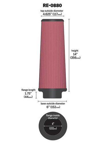 K&N RE-0880 Red Round Tapered Universal Clamp-On Air Filter - 14in Tall