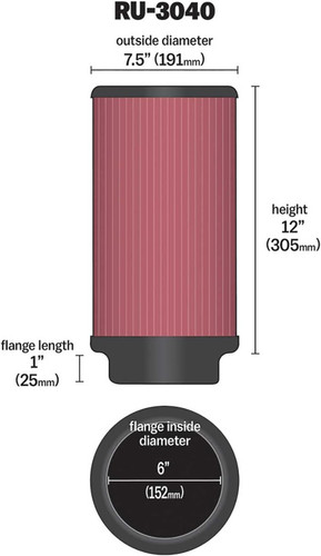 K&N RU-3040 Universal Clamp-On Air Filter - Round Straight, Cotton Gauze, 7.5" OD x 12" H