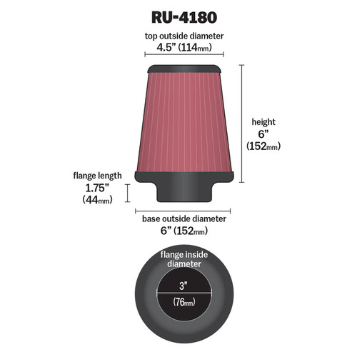 K&N RU-4180 Universal Clamp-On Air Filter - Round Tapered, Cotton Gauze, 6" OD x 6" H