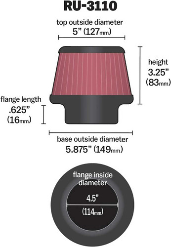 K&N RU-3110 Universal Clamp-On Air Filter - Round Tapered, Cotton Gauze, 5.875" OD x 3.25" H