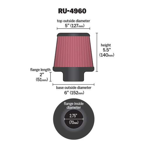 K&N RU-4960 Universal Clamp-On Air Filter - Round Tapered, Cotton Gauze, 6" OD x 5.5" H
