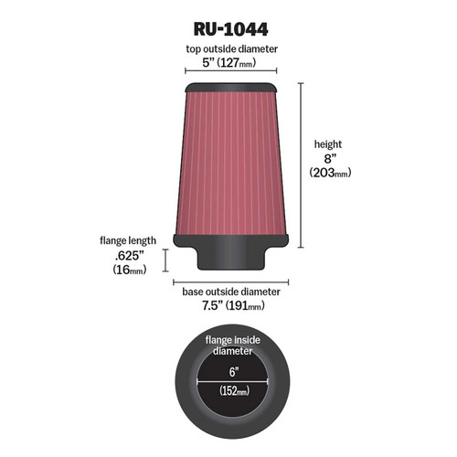 K&N RU-1044 Red Round Tapered Universal Clamp-On Air Filter - Chrome Top