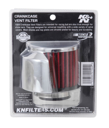 K&N 62-1514 Vent Air Filter / Breather - Non-woven Synthetic, Chrome Top, Rubber Base, Chrome Deflector Shield, 1-1/2" Flange