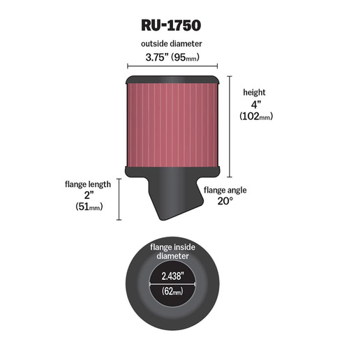 K&N RU-1750 Universal Clamp-On Air Filter - Round Straight, Cotton Gauze, 3.75" OD x 4" H