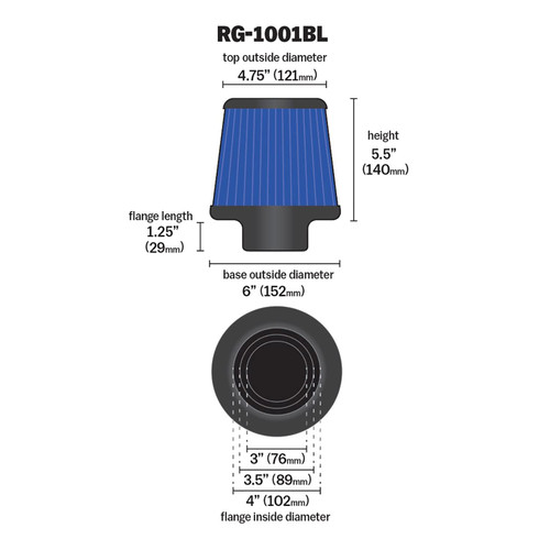 K&N RG-1001BL Blue Round Tapered Universal Clamp-On Air Filter - Chrome Top w/ Adjustable Flanges