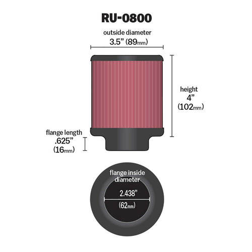 K&N RU-0800 Universal Clamp-On Round Straight Air Filter