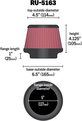 K&N RU-5163 Red Short Round Tapered Universal Clamp-On Air Filter