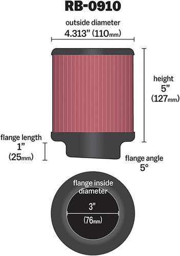 K&N RB-0910 Universal Clamp-On Round Straight Air Filter - Angled Flange