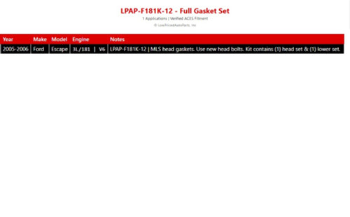 Enginetech F181K-12 MLS Full Gasket Set OEM-Spec for 2005-2006 Ford Escape 3.0L 181ci V6 - Complete Engine Sealing Kit