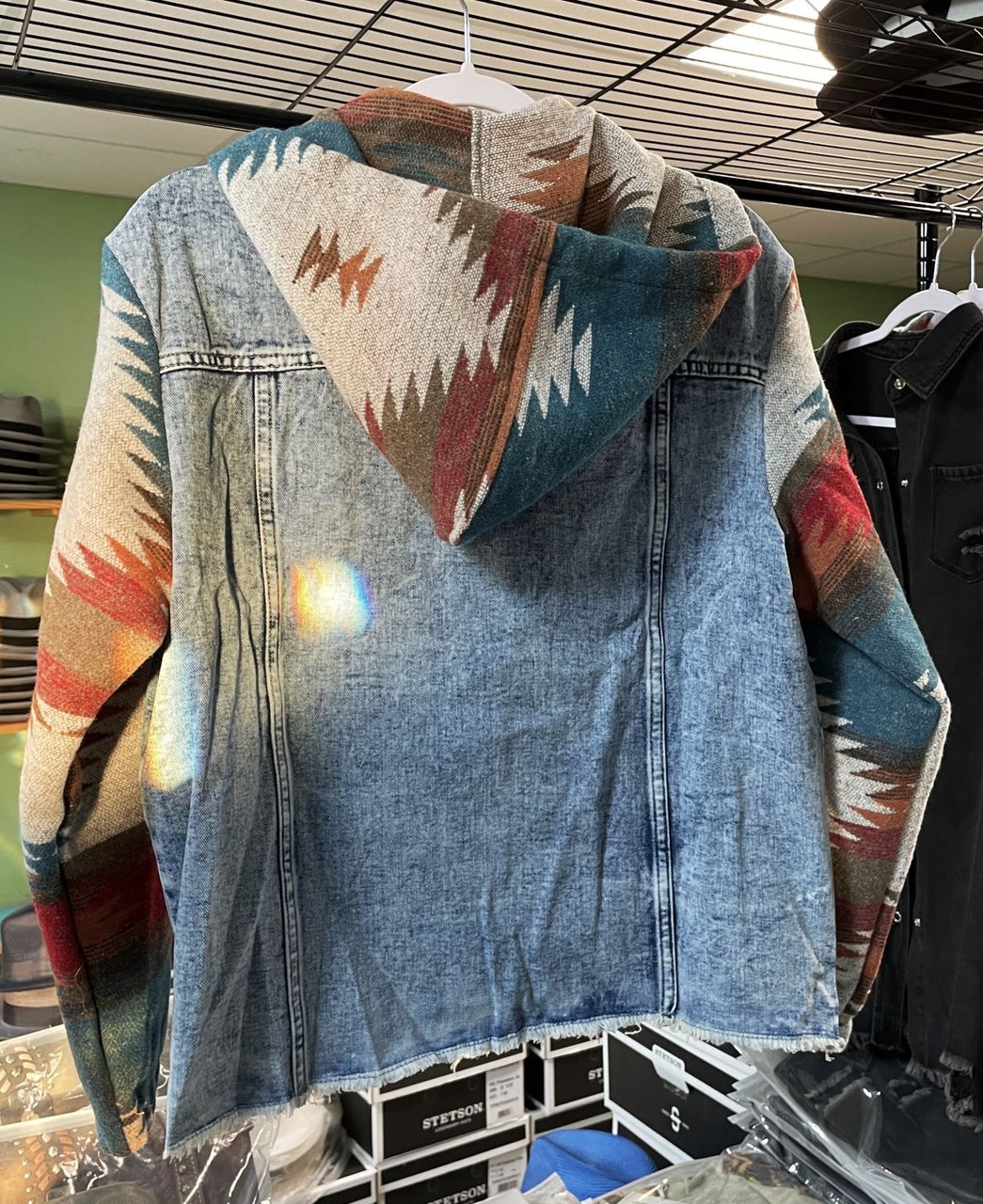 Women's Aztec Print Frayed Hem Denim Jacket w/Hood - One 2