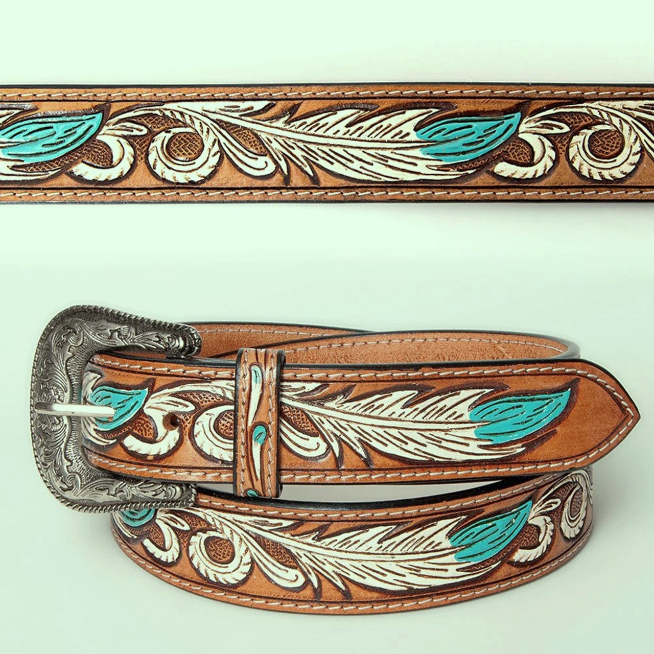 Turquoise Hand Tooled Leather Western Belt 
