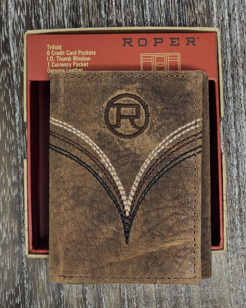 Roper Brown Genuine Distressed Leather Trifold Wallet - One 2 mini Ranch