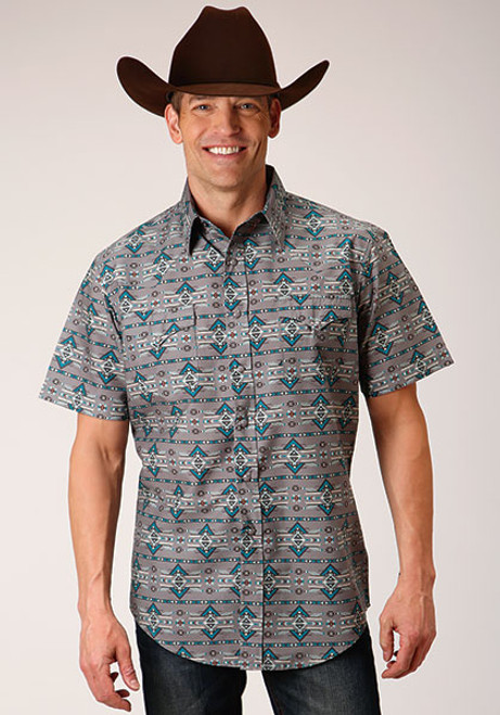 Roper S/S Grey Horizontal Geometric Aztec Print Shirt