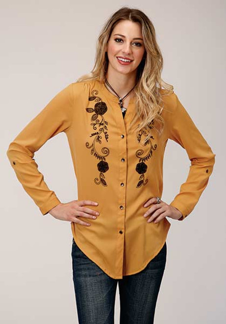 Roper Yellow Floral Chain Stitch L/S Shirt