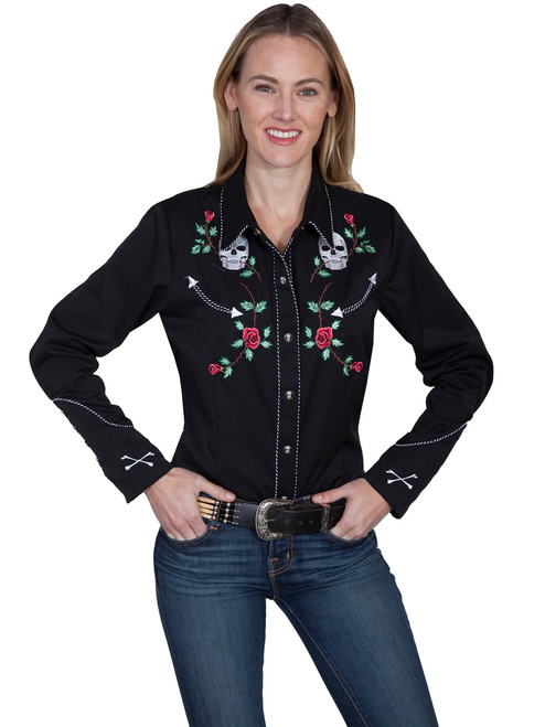 Scully Ladies Black Skull/Rose Embossed Blouse