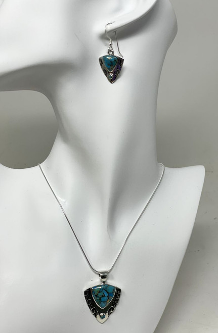 Sterling Silver Turquoise Arrowhead Necklace & Earring Set PE4042