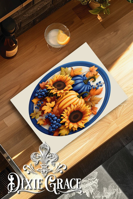 Dixie Grace Fall Pumpkins and Sunflowers Glass Charcuterie Board