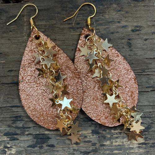 Jill's Jewels Copper Glitter Leather Earrings with Star Chain/Jill02E Jill's Jewels Copper Glitter Leather Earrings with Star Chain/Jill02E