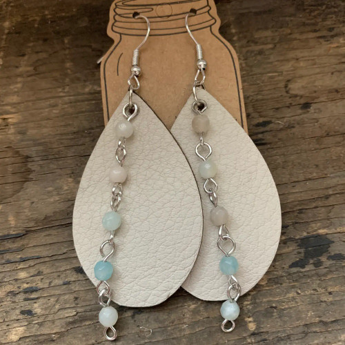 Jill's Jewel Cream Leather Earrings with Mint Gemstone Chain/Jill15E Jill's Jewel Cream Leather Earrings with Mint Gemstone Chain/Jill15E