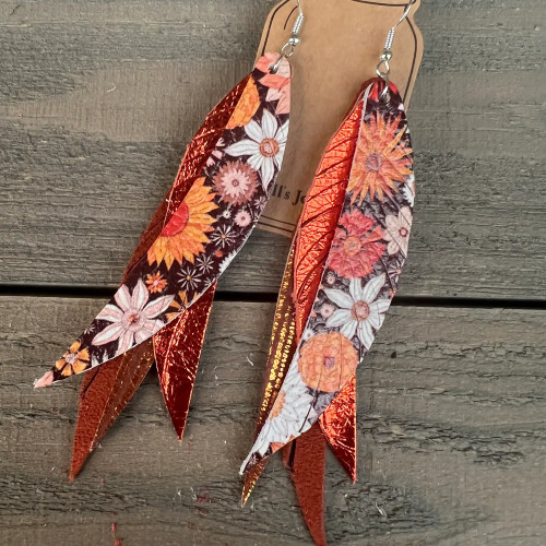 Jill's Jewel Orange Boho Floral Fringe Feather Leather Earrings/Jill14E Jill's Jewel Orange Boho Floral Fringe Feather Leather Earrings/Jill14E