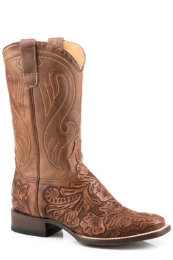 Women’s Brown Hand-Tooled Leather Boots with Red and Beige Floral Embroidery 5