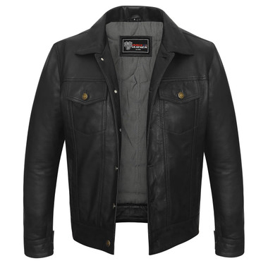 Vance Leather Men's Black Leather Trucker Jacket - One 2 mini Ranch