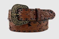 Cowgirls Rock Floral Embossed Buck Stitched Leather Belt