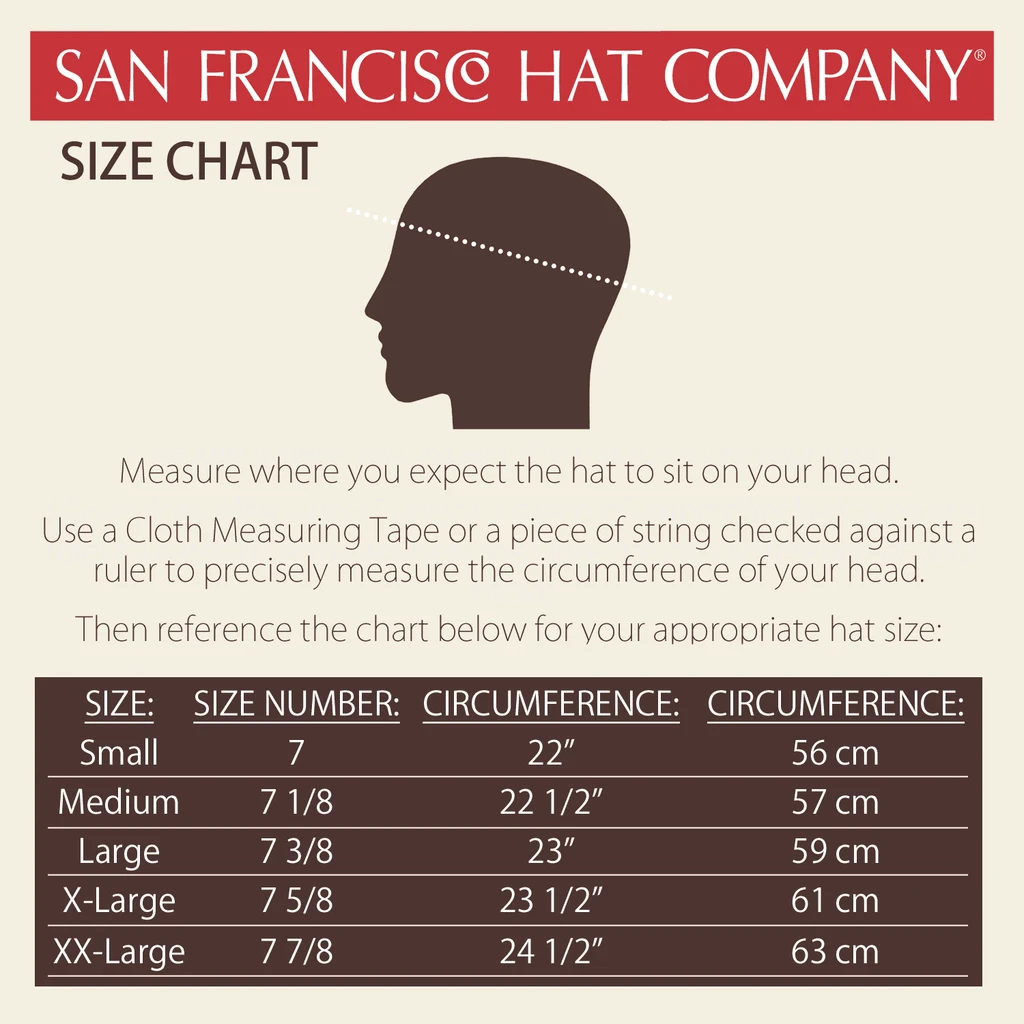 San Francisco Hat Company Size Chart - Circumference in Inches = Small: 22 Medium: 22.5 Large: 23 X-Large: 23.5 XX-Large: 24.5