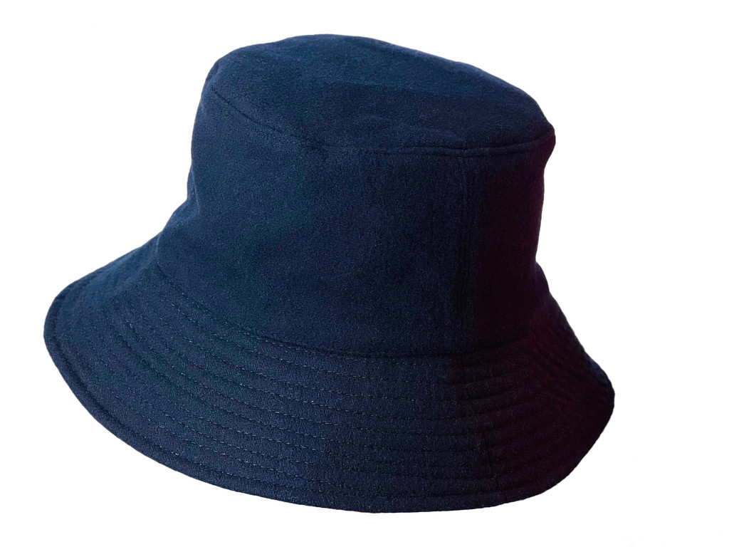Navy Wool Crusher 3/4 View. 3" Brim.