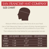 San Francisco Hat Company Size Chart - Circumference in Inches = Small: 22 Medium: 22.5 Large: 23 X-Large: 23.5 XX-Large: 24.5