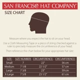 San Francisco Hat Company Size Chart - Circumference in Inches = Small: 22 Medium: 22.5 Large: 23 X-Large: 23.5 XX-Large: 24.5