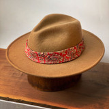 Almond Wool Felt Broadway Fedora with Red Paisley Band Front Quarter View