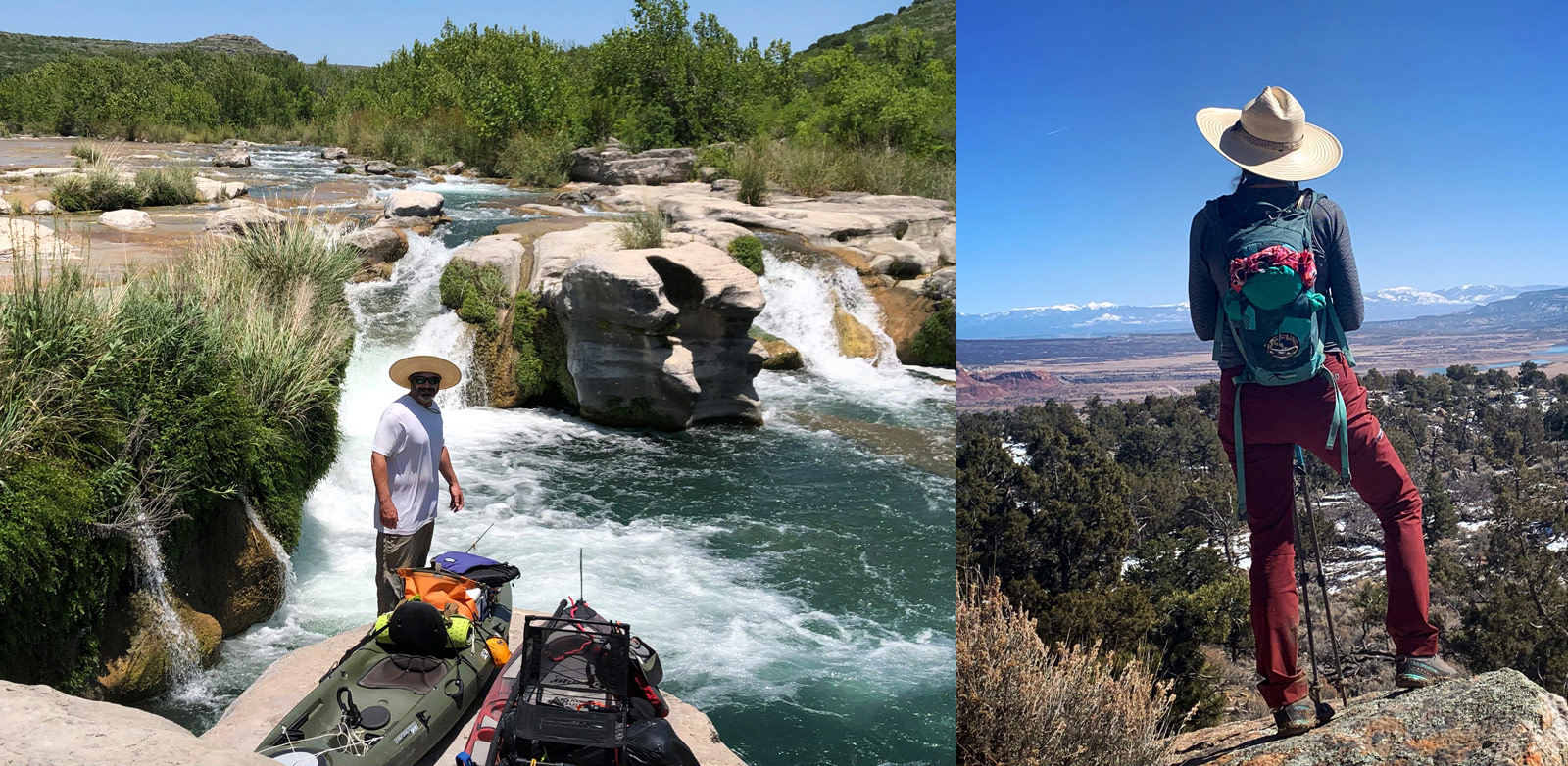 Picture of Man on Idyllic Texas River with Fishing Kayaks wearing a Riverz Utah. Picture of Woman on Boulder overlooking hot but snowy scrubland, wearing a Riverz Scout.