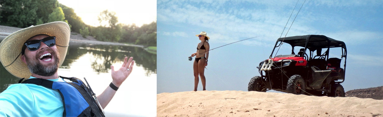 Picture of Happy Man on Lake with Riverz Scout and Lifevest. Picture of Woman on Beach in Riverz Scout and Bikini with fly fishing pole. 