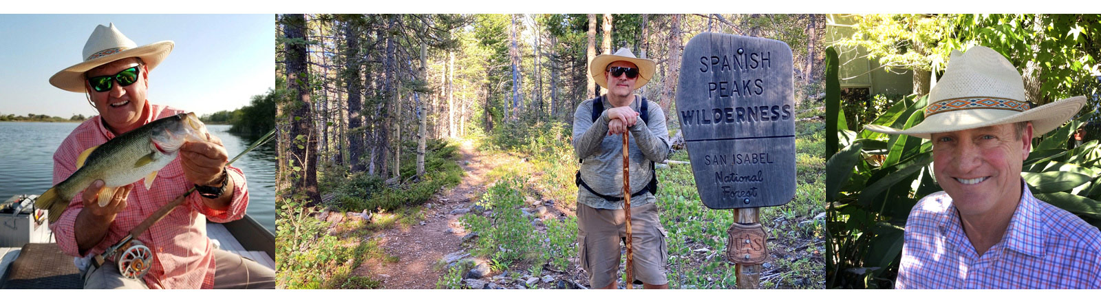 Picture of jovial Man holding up large mouth bass and his fly rod, wearing a Riverz Scout. Picture of man in the Spanish Peaks Wilderness hiking trail, wearing a Riverz Scout. Picture of smiling Man wearing a Riverz Scout in the shade.