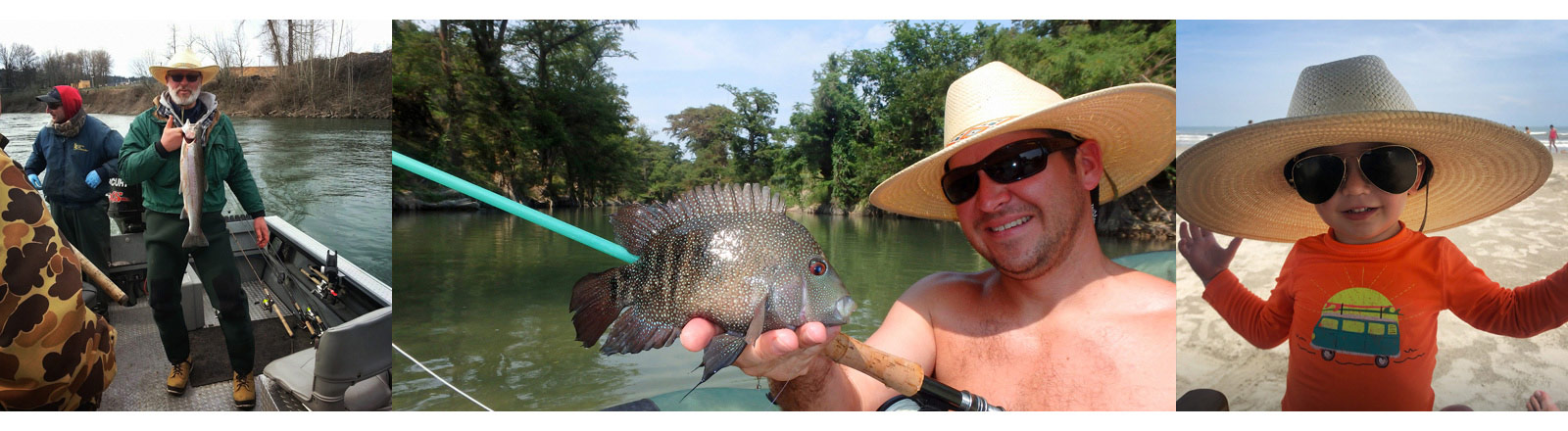 Picture of Man holding Trout on a boat, wearing Riverz Scout. Picture of a man on the river in Texas Hill Country holding up his catch, wearing Riverz Utah. Picture of Toddler on the beach wearing oversized Riverz Utah.