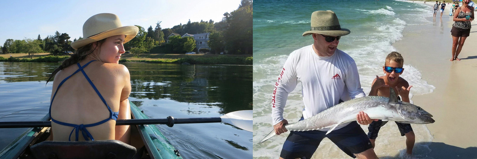 Picture of Woman in Kayak in Seattle Lake wearing a Joe Fedora. Picture of Man on beach with the days catch, a large Mackerel, wearing a Joe Fedora.